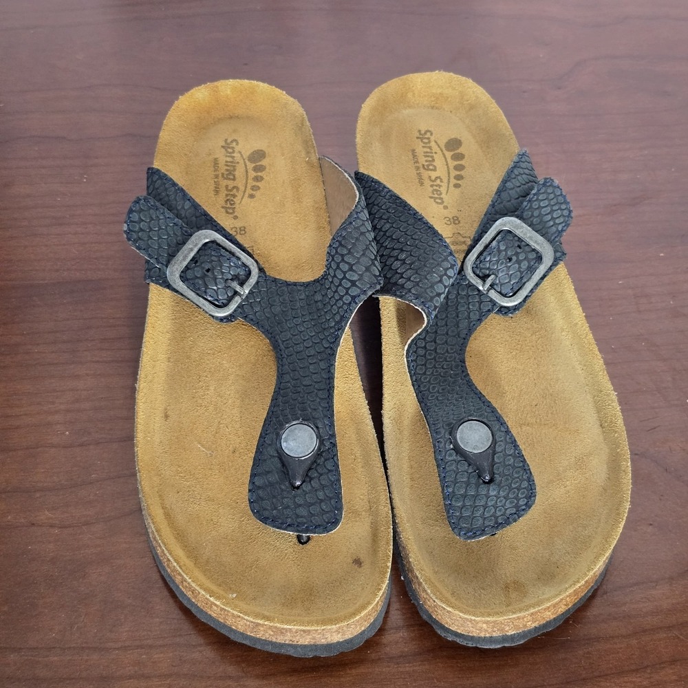 Spring Step Navy Snake Embossed Leather Cork Footbed Thong Sandals EU‎ 38